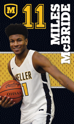 Gymnasium banner for a Moeller senior basketball player.