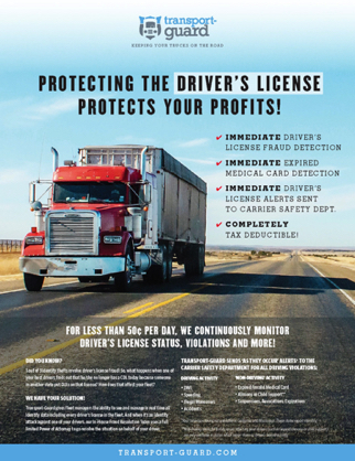 Transport-Guard monitors drivers' data for transportation companies. This flyer is aimed at fleet managers.